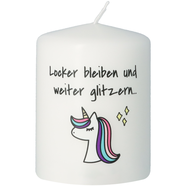 Goodtimes Stumpenkerze Weiß, Text Schwarz Einhorn Glitzer